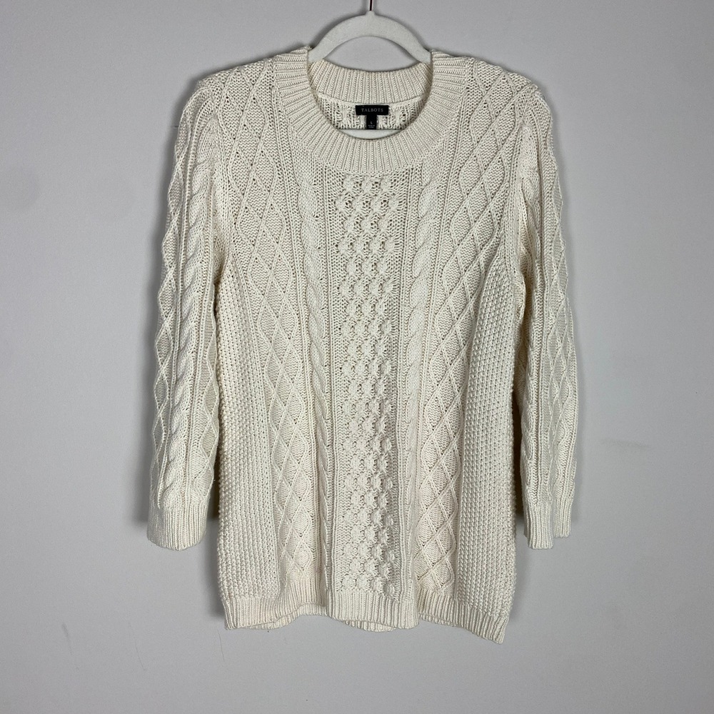 Talbots Cable Knit Sweater Womens Large Cotton Wool Blend Quiet Luxury Preppy